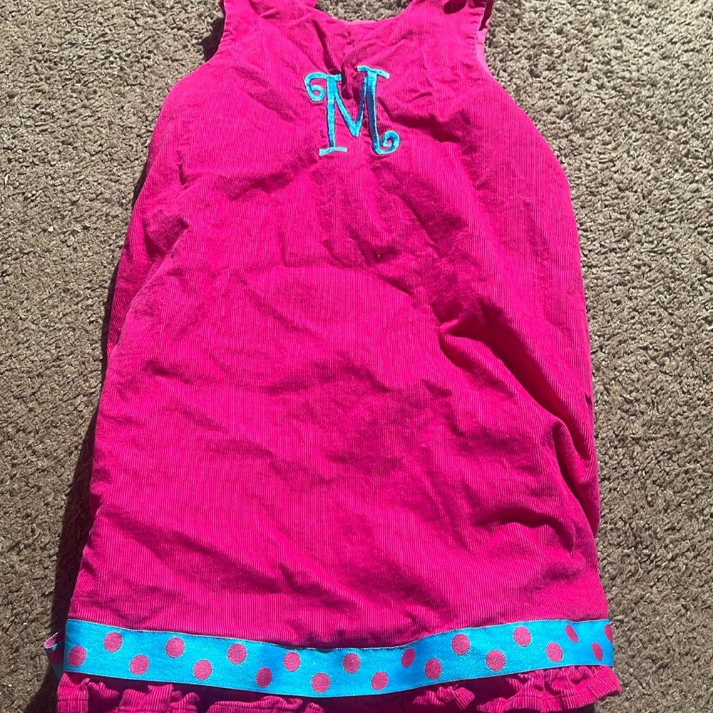 Girls pink teal dress. Monogrammed with M. Size 4T